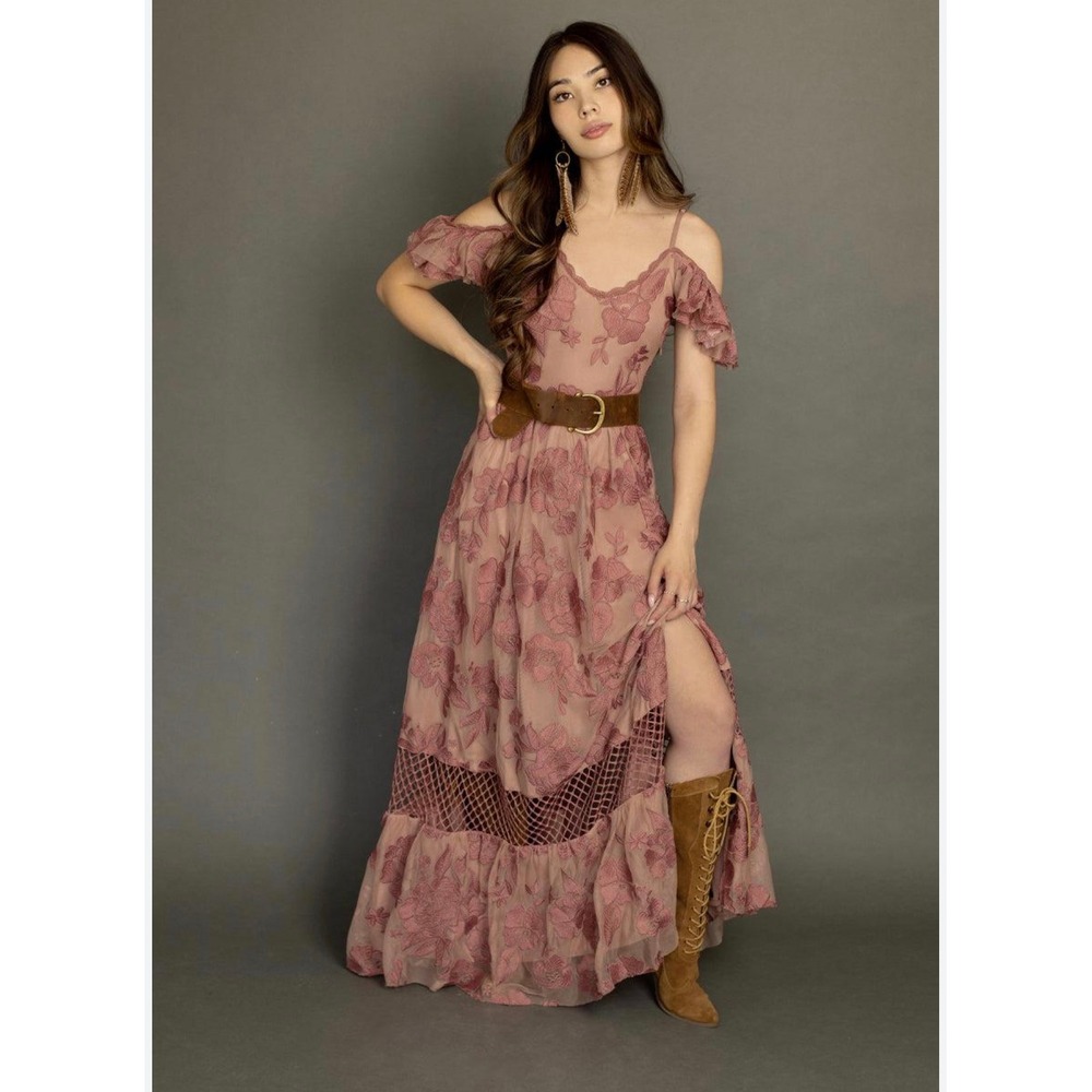 Joyfolie Women XXL Dusty Rose Floral Embroidered Mesh Maxi Dress NWT Boho Ruffle